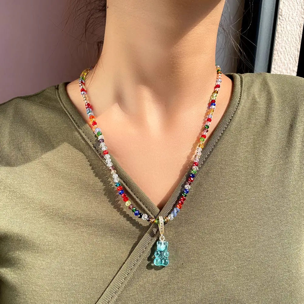Korean Glass Beaded Collar Shiny Jelly Gummy Bear Pendant Necklace Jewelry Silver Color Zircon Mini Bears Beads Neckalces Women