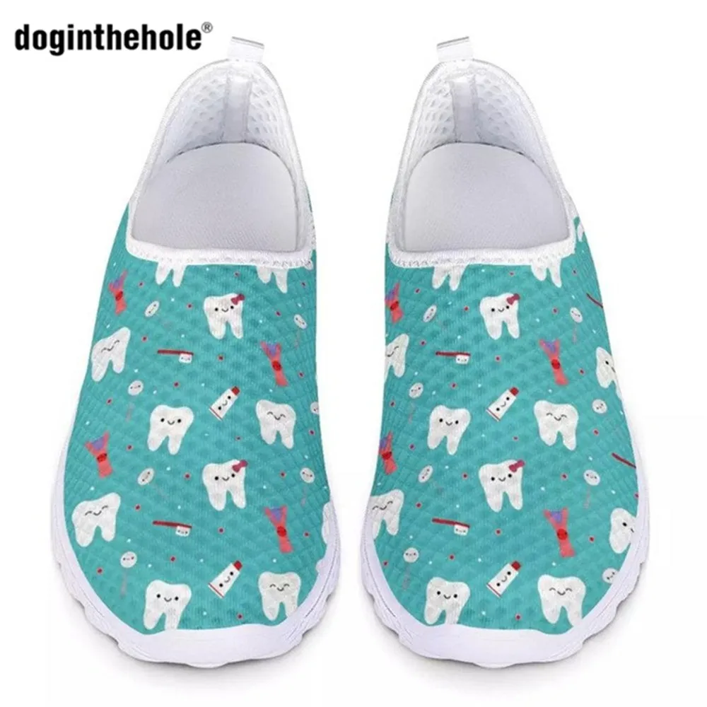 doginthehole Cute Cartoon Tooth Print Flats Women Shoes Mesh Slip On Casual Sneakers Woman Comfortable Dental Loafers for Female