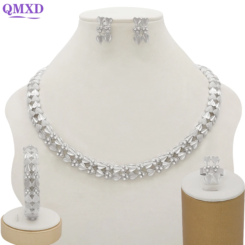 Silver Color Jewelry Sets Dubai Gold Color Women Fashion Necklace Wedding Bride Accessory Bracelet ring Sets