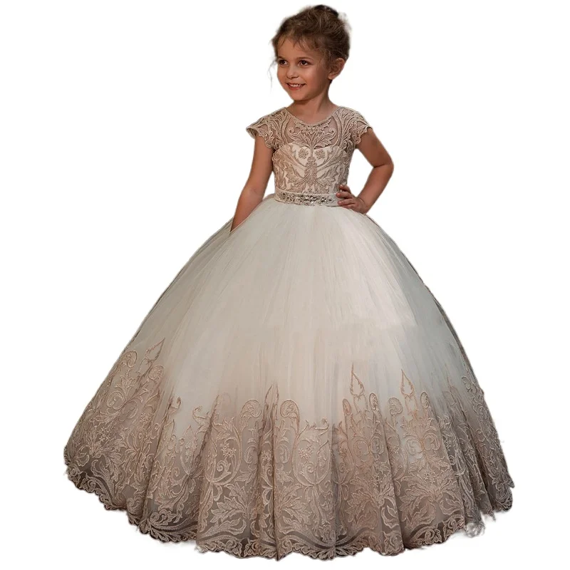 Ball Gown Puffy Tulle Lace Applique Flower Girls Dresses Kids Clothes Little Princess First Communion Party Size Customized FL20