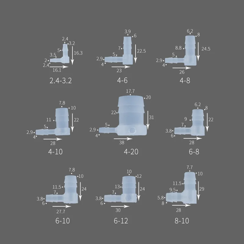 2 sztuk pod kątem 90 stopni w kształcie litery L, stawów i zmiennej Pagoda wąż kolankowy złącze 2.4MM 3.2MM 4MM, 6MM, 8MM, 10MM, 12MM 14MM 16MM 18MM