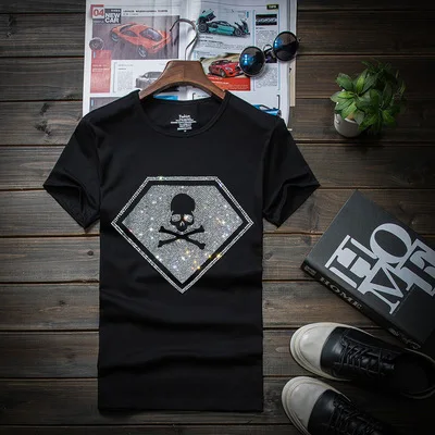 Plus Size 7XL 2024 Skulls Rhinestones T Shirts Men Brand Short Sleeve Fashion Man Streetwear O Neck Slim Modal Cotton Tshirts