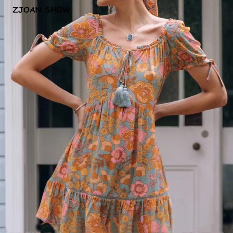 

BOHO Wood ears Lacing up O neck Orange Camellia Floral Print Short Sleeve Dress Retro Spliced Pleated Mini Short Dresses