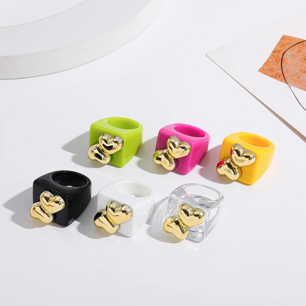 2024 New Trendy Geometric Square Round Resin Acrylic Chunky Rings for Women Girls Punk Style Knuckle Flower Rings Jewelry