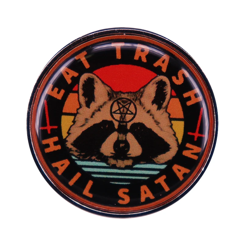 Eat Trash Hail Satan Pin Occult Pentagram Raccoon Satanic Brooch Vintage Hippie art Badge