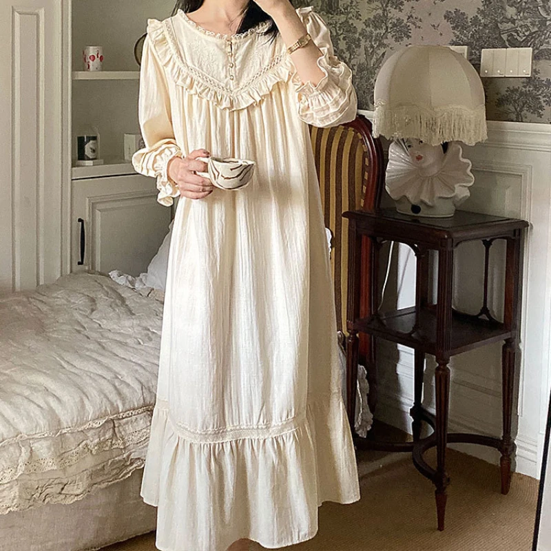 Pure Cotton Vintage Nightgowns Women Autumn Robe Nightie Long Night Dress Wear Victorian Romantic Princess Sleepwear Nightdress