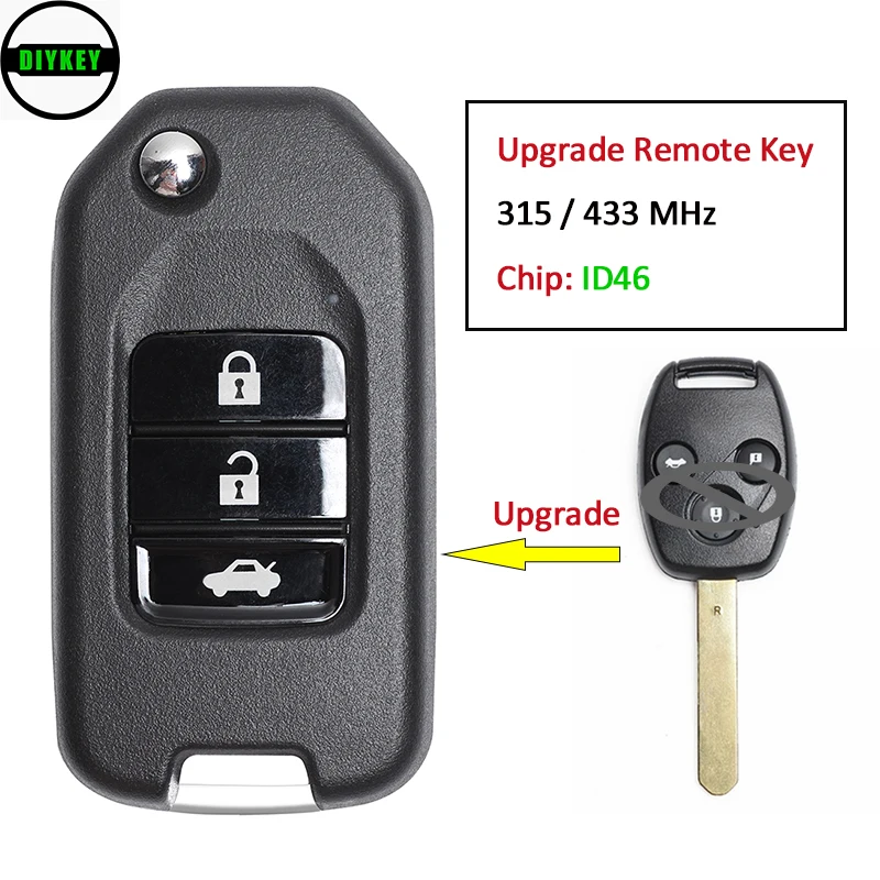 

DIYKEY Upgraded Flip Remote Car Key With 3 Buttons 315MHz/ 433MHz ID46 Chip - FOB for Honda Accord 8th Generation 2008 2009-2012