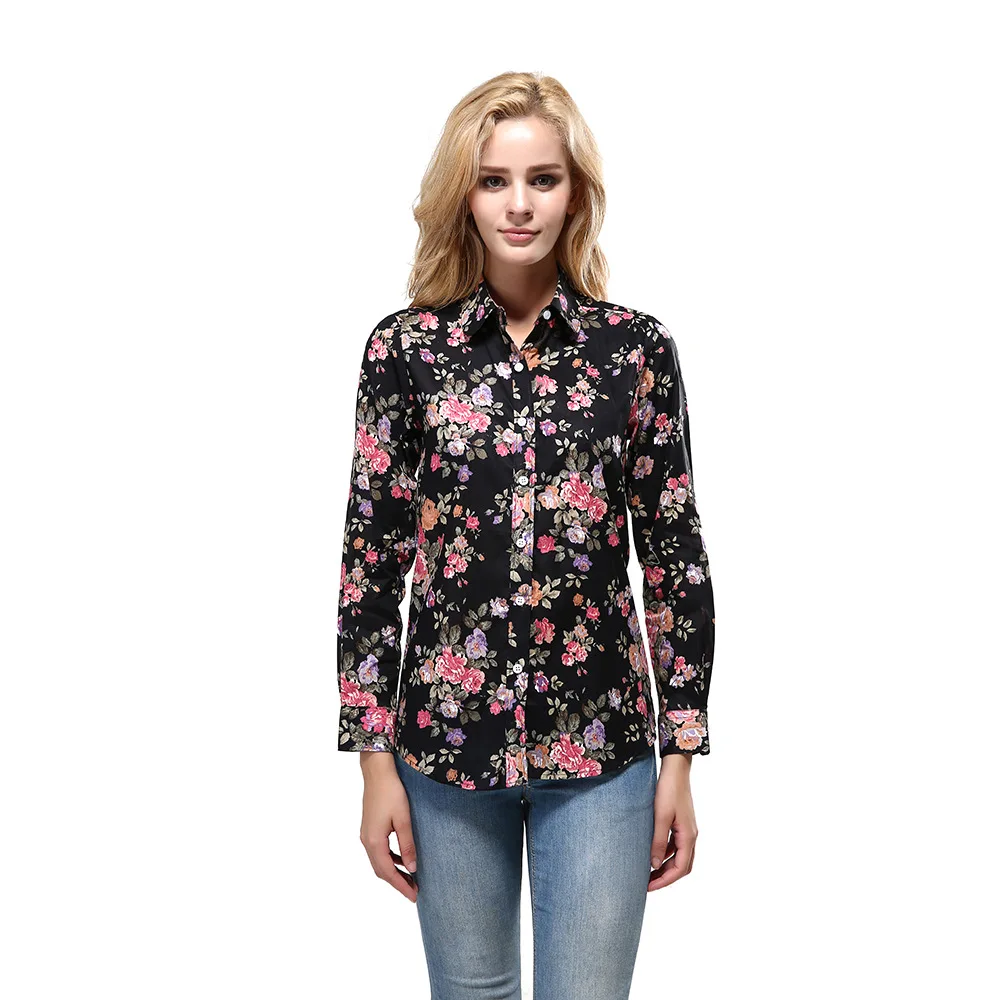 New Korean Style Flower Print Women\'s Shirts Cotton Long Sleeve Turn Down Collar Cardigan Shirt Casual Female Button Up Blouses