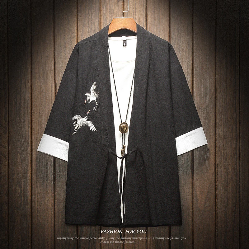 

Men's Road Robe Jacket Chinese Style Linen Three-Quarter Sleeve Hanfu Shirt Japanese Cardigan Crane Embroidery 2022 New Summer