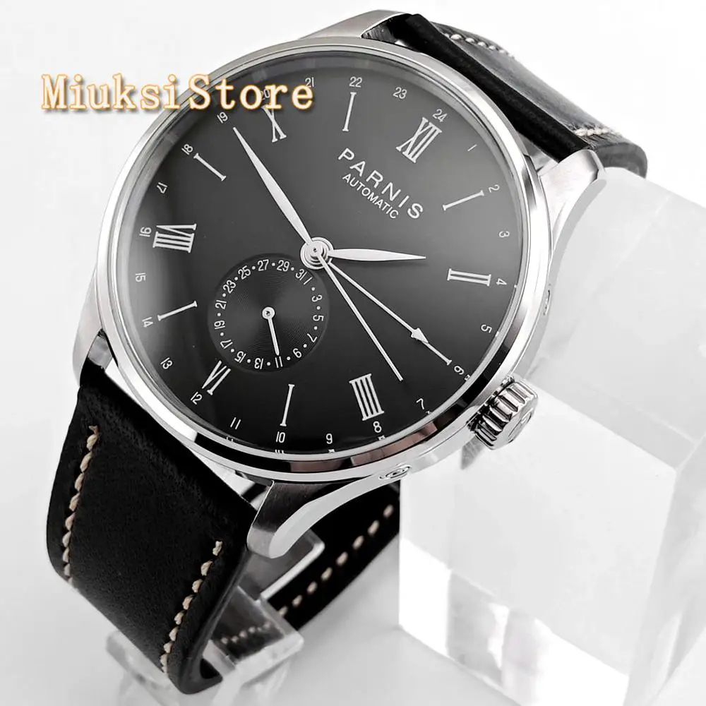 Men\'s luxury brand PARNIS 42mm GMT black dial stainless steel case leather Sea gull automatic mechanical sport watch