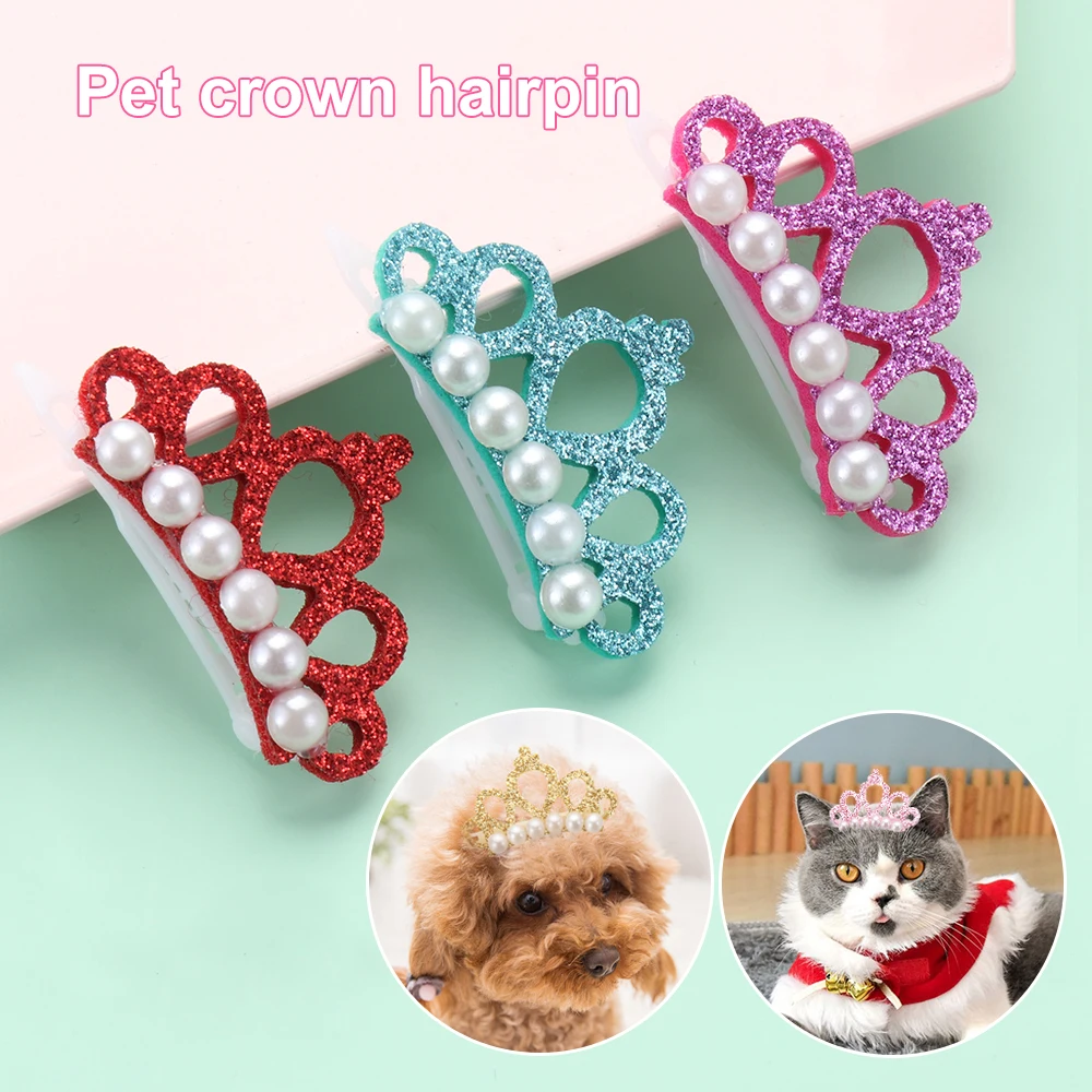 1PC Small Dog Bowknot Faux Pearl Crown Shape Bows Hair Clips Bow Cute Head Decoration Handmade Cat Pet Grooming Accessories