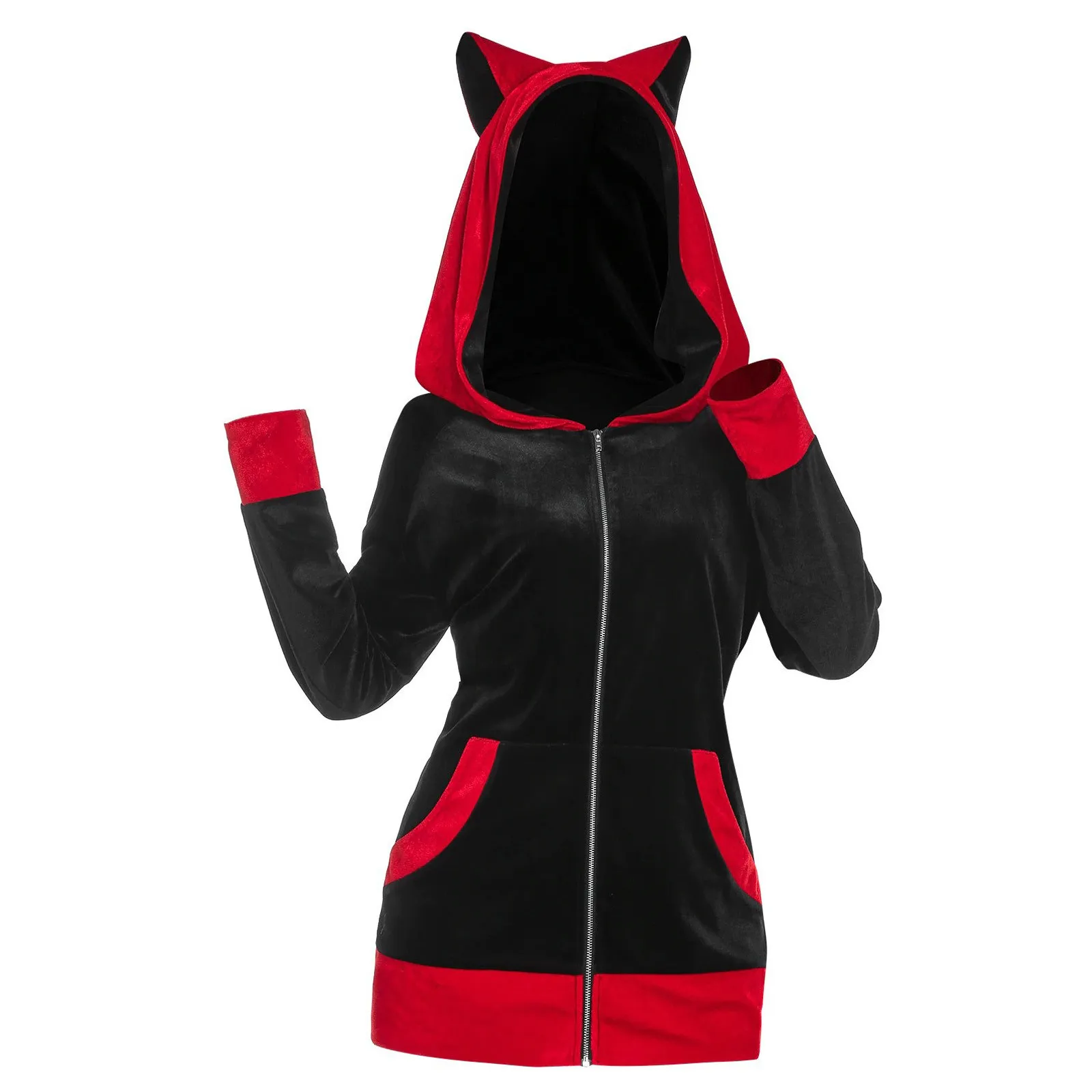 Fashion Women Cat Ears Hooded Sweatshirt Coat Autumn Winter Casual Patchwork Long Sleeve Pocket Zipper Plush Sweatshirts Outwear