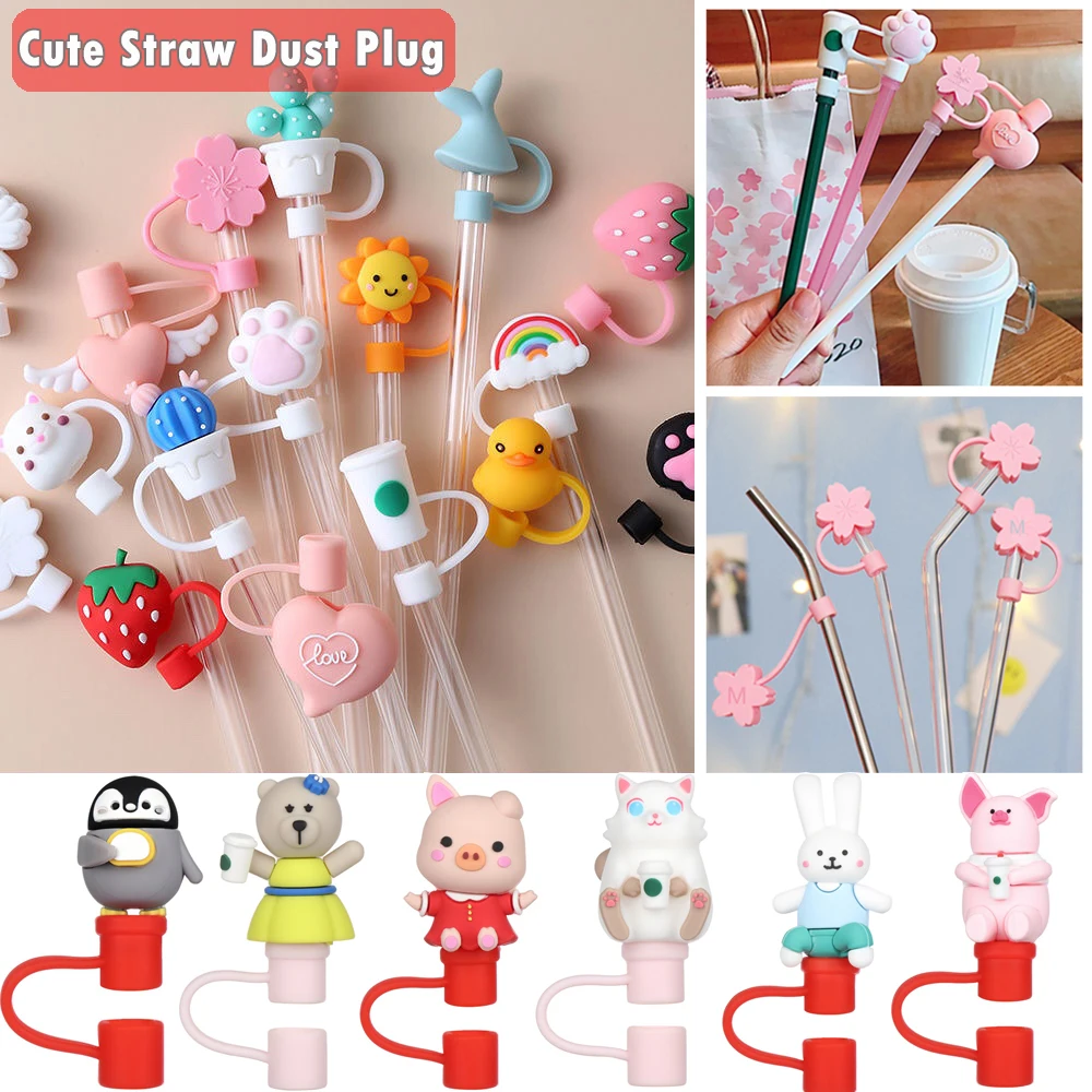 Creative Reusable Silicone Straw Plug High Quality Drinking Dust Cap Glass Cup Accessories Cartoon Plugs Tips Cover Straw Brush