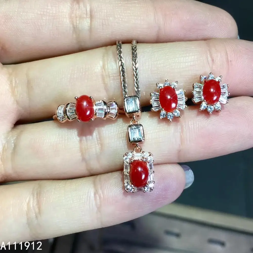 

KJJEAXCMY fine jewelry natural red coral 925 sterling silver women pendant necklace chain earrings ring set support test fashion