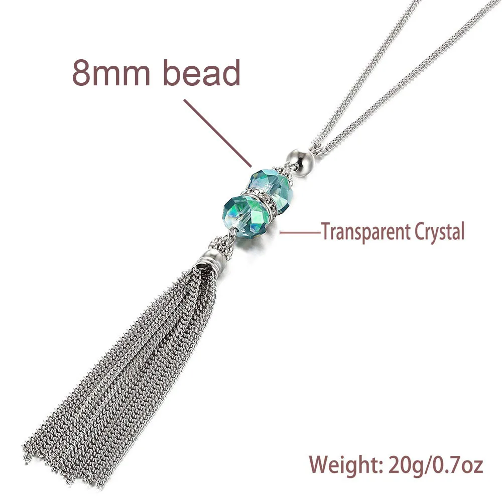2024 New Crystal Bead Sweater Chain Necklace for Women Fashion Silver Color Tassel Pendant Long Necklace Statement Neck Jewelry