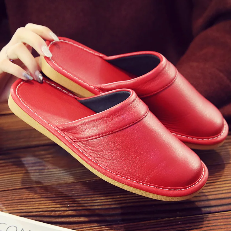 New arrival classic faux leather slippers female mules waterproof indoor house shoes for women autumn winter bedroom slippers