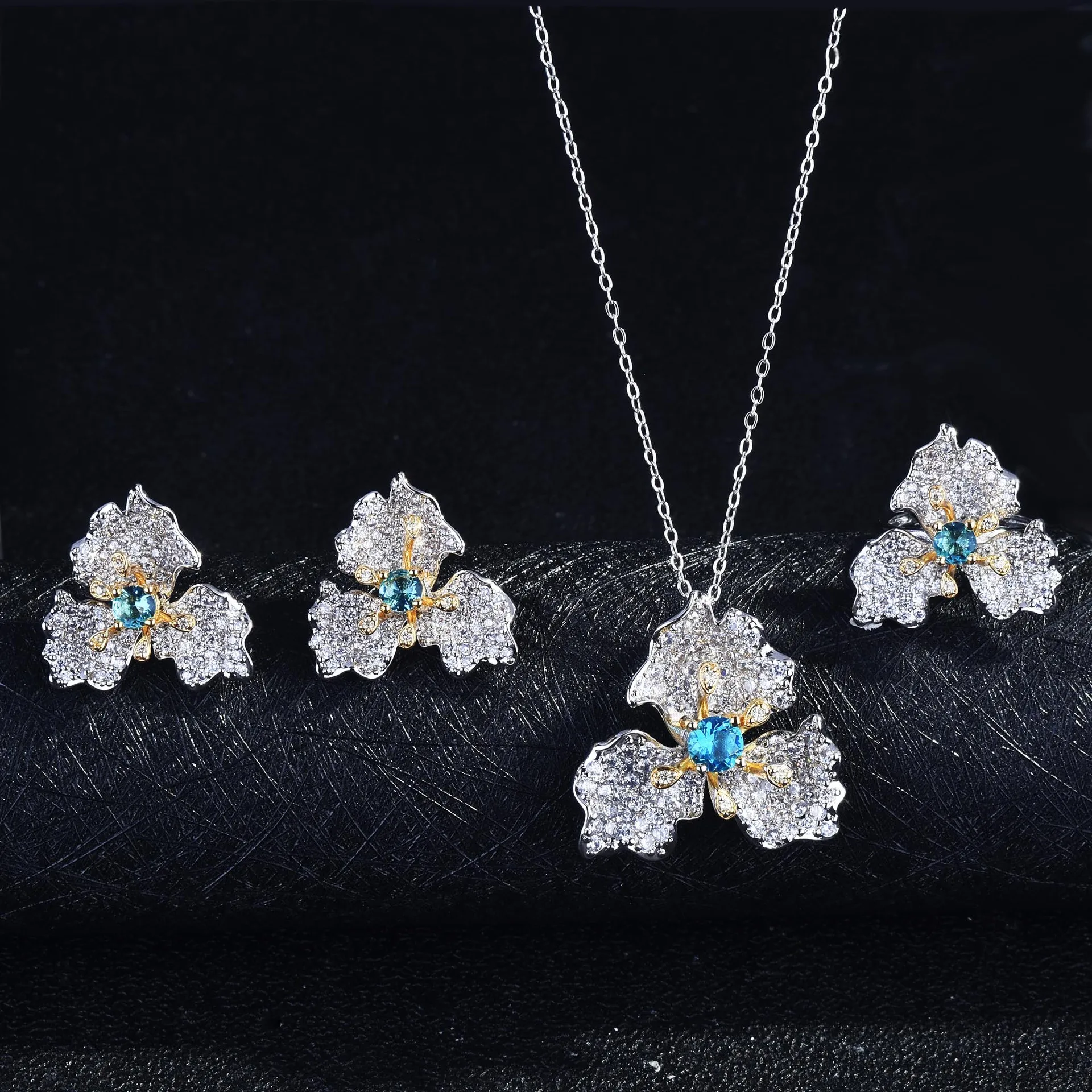 Elegant Trendy Zircon Flower Petals Jewelry Sets For Ladies Luxury Imitated Emerald Engagement Jewelry Birthday Gifts For Girl