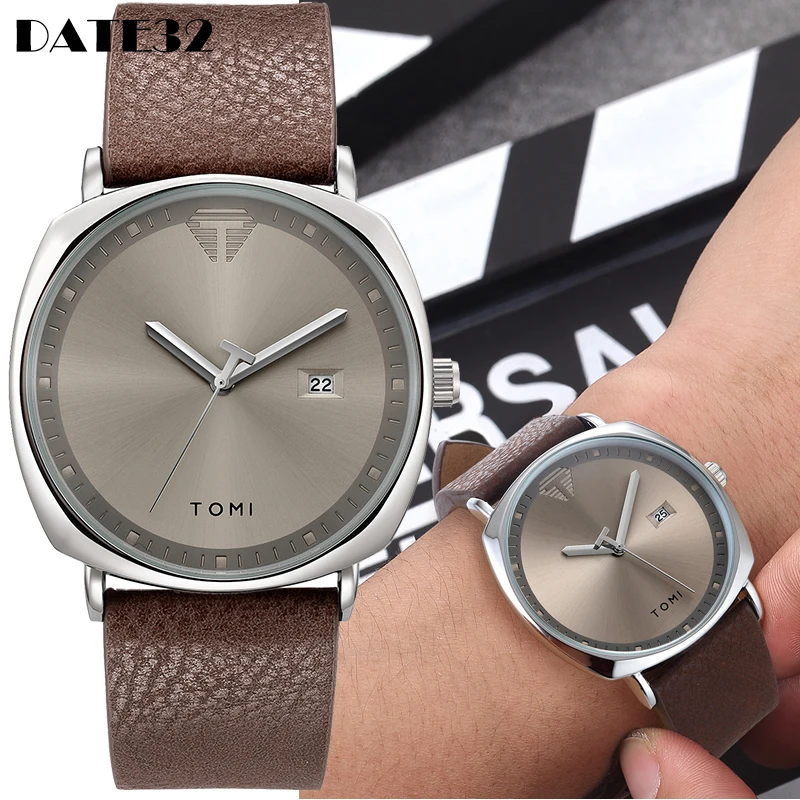 Reloj de pulsera con calendario para hombre, cronógrafo de cuarzo con esfera cuadrada Simple, informal, de cuero, minimalista, color negro y marrón