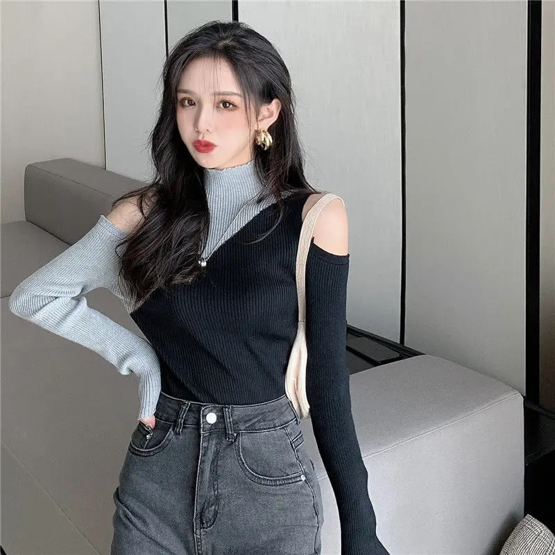 Woman Sweaters Women\'s Knitwear 2024 Autumn Sweater Slim-Fit Contrast Colors off-the-Shoulder Top Femme Chandails Pull Hiver