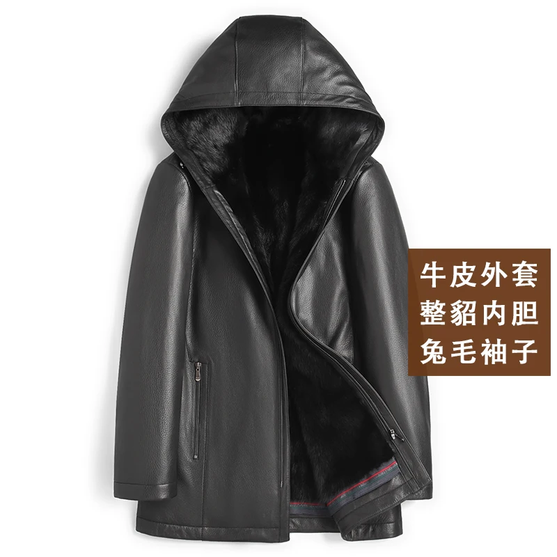 Real Leather Clothes Men's Mink Liner Whole Mink Fur Parka Leather Fur Coat Mid-Length Coat mens clothing  jackets