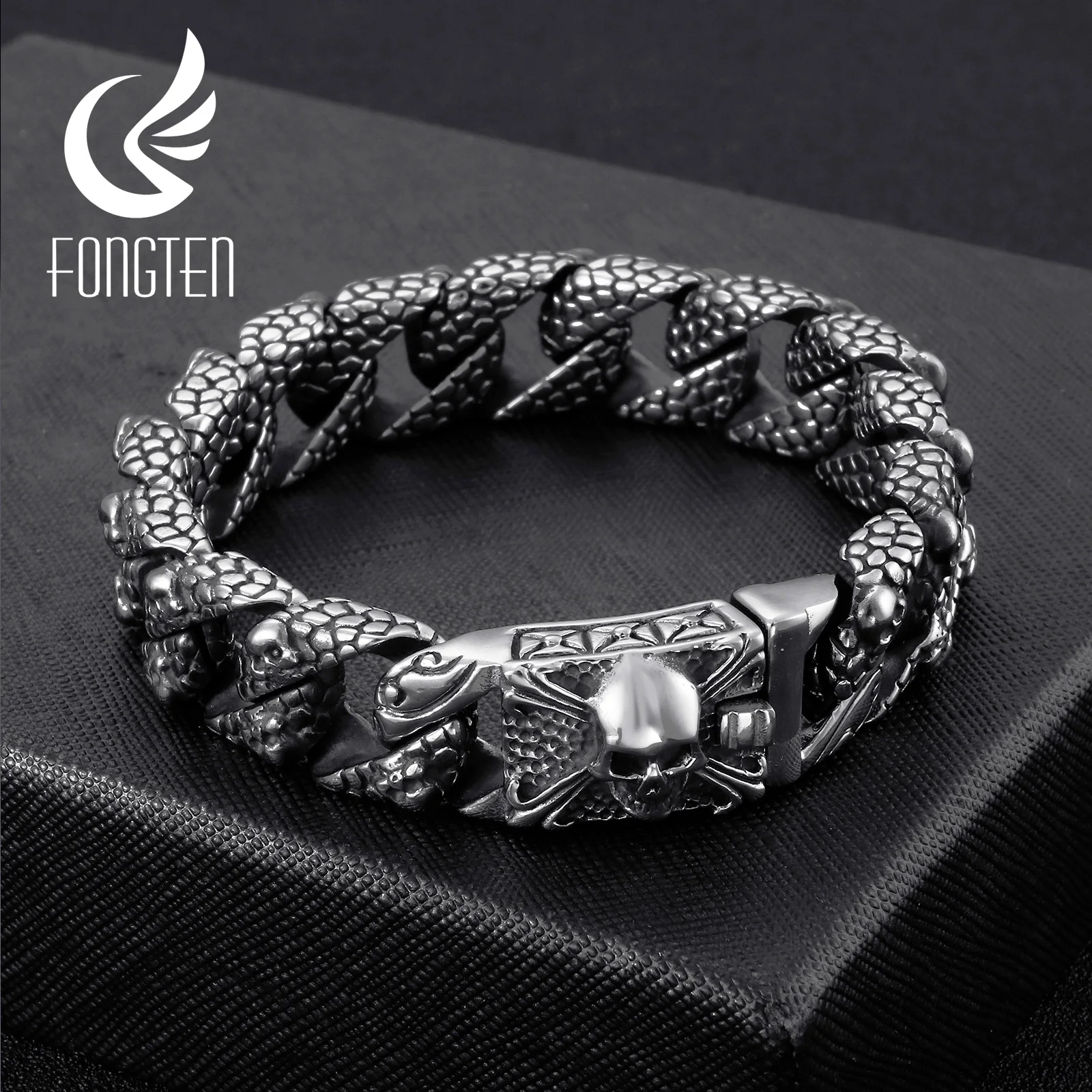 

Fongten Gothic Mens Bracelets Stainless Steel Skull Franco Curb Chain Bracelet For Men Multiple Color Skeleton Armband Jewelry