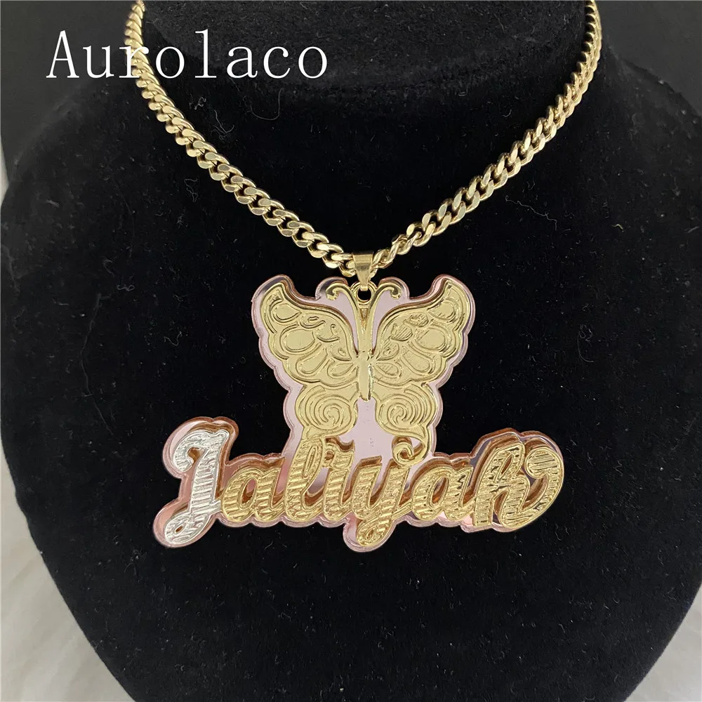 Aurolaco Butterfly Necklace Double Gold-plated Custom Name Necklace Custom Acrylic Pendant Necklace for Women Gift