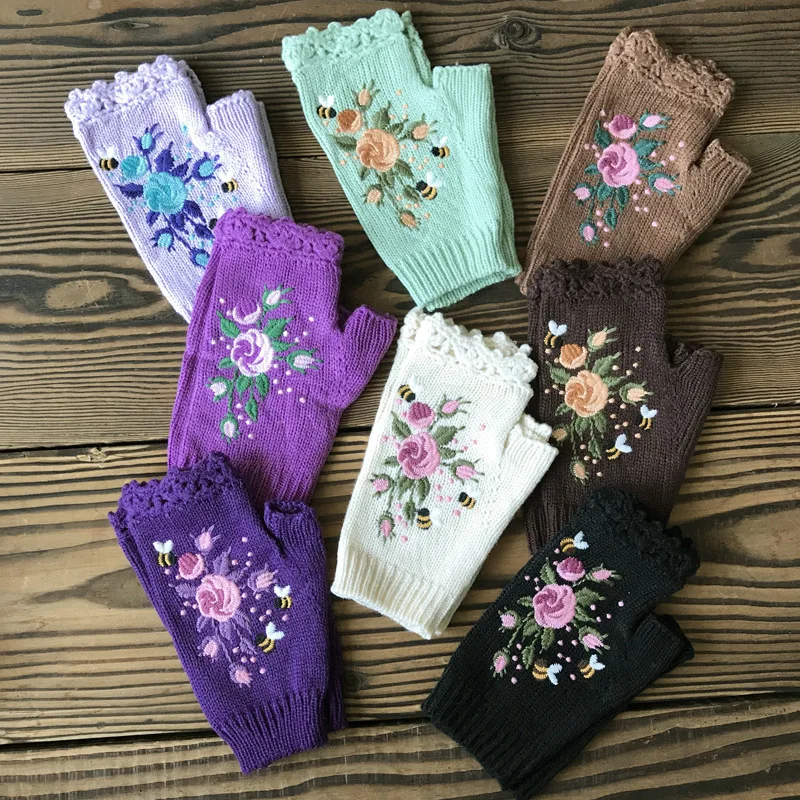 Ins High Quality Mittens Handmade Embroidery Gloves Autumn Winter Bee Floret Women\'s Warm Gloves Wool Knitted Adult Gloves