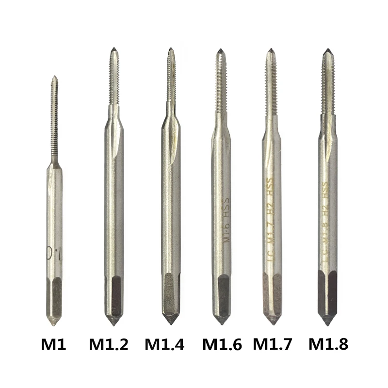 CMCP 6pcs M1 M1.2 M1.4 M1.6 M1.7 M1.8 Mini Machine Thread Tap HSS 6542 Metric Screw Tap Drill Bit Straight Flute Plug Tap