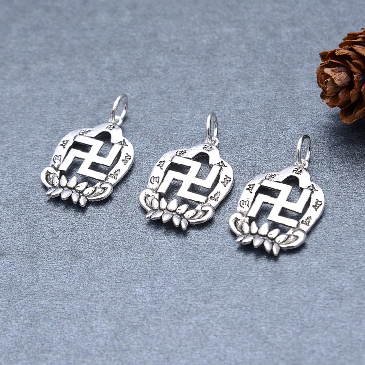 Handmade 100% 925 Silver Tibetan Six Words Charm Vintage Thai Silver Buddhist Wanzi Symbol Small Pendant Small Tibetan Amulet