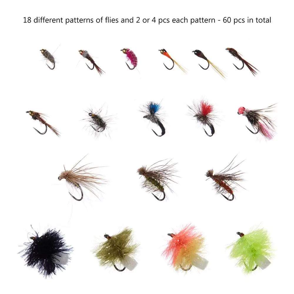 Bassdash Fly Fishing Flies Barbless Fly Hooks 60pcs with Waterproof Fly Box