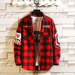 Männer Streetwear Dick Shirts Männer Kleidung Harajuku Farbe Block Plaid Shirt Lange Hülse Männlichen Vintage Koreanische Mode Kleidung