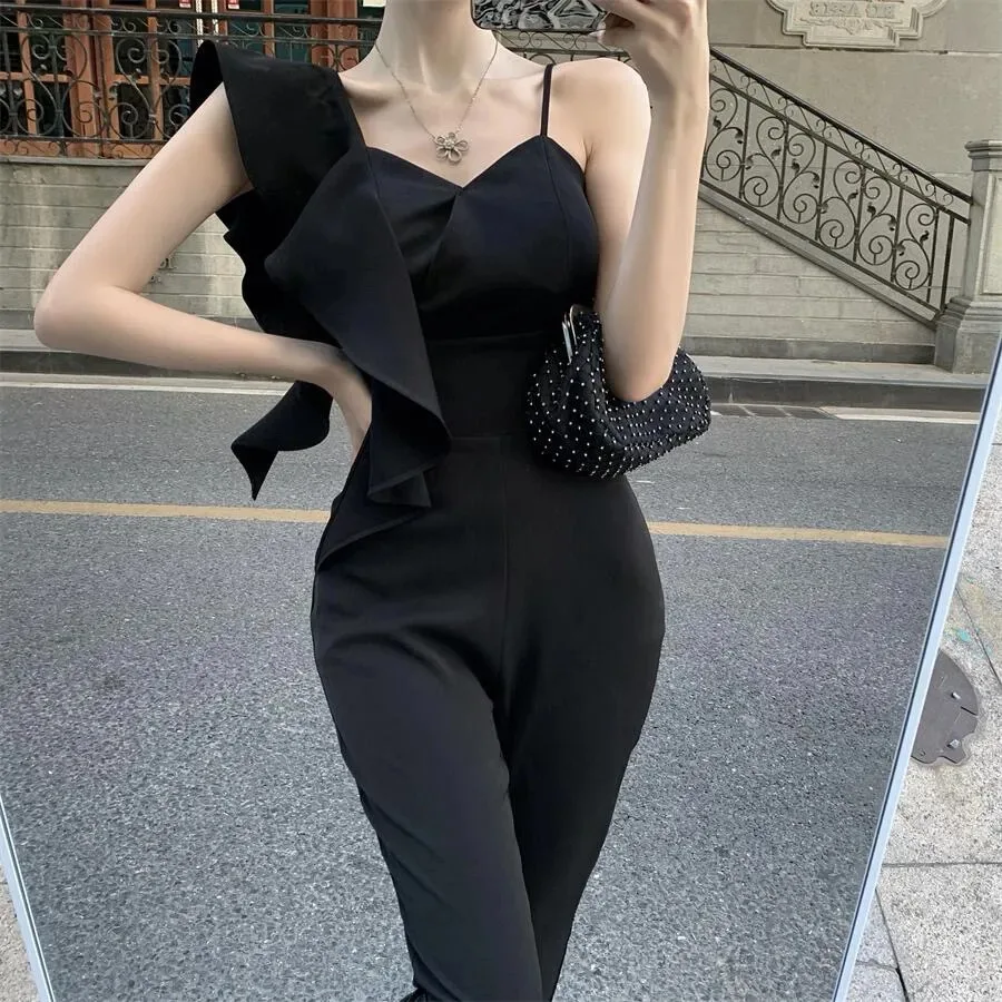 Elegant Spaghetti Shoulder Strap Jumpsuit Women Summer Ruffle High Waist Rompers Office Lady Slim Temperament Jumpsuit Party New