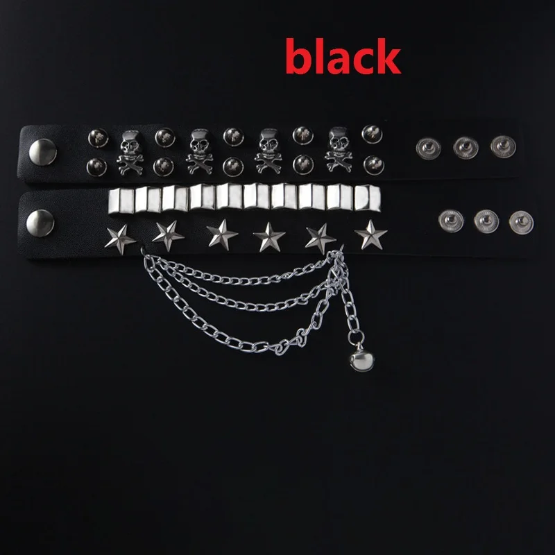 2021 Skull Rivet Hip-Hop Hip Rock bracciale multistrato in pelle metallo pentagramma bracciale a mano bracciale largo da uomo con catena