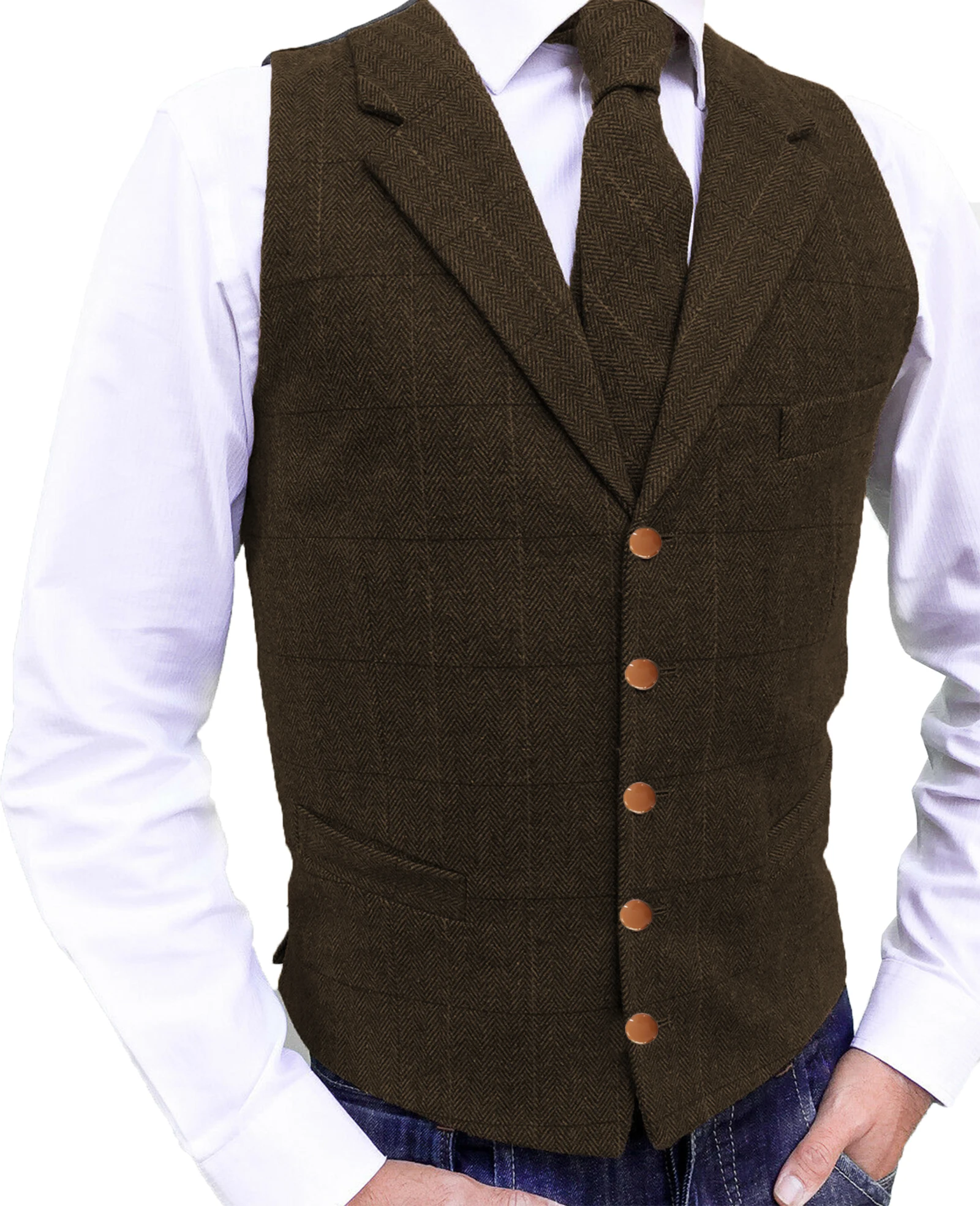 Brown Casual Gentleman Men\'s Army Green Vest Plaid Soft Wool Jacket Tweed Business Waistcoat For Groosmen Best Man Wedding Vest