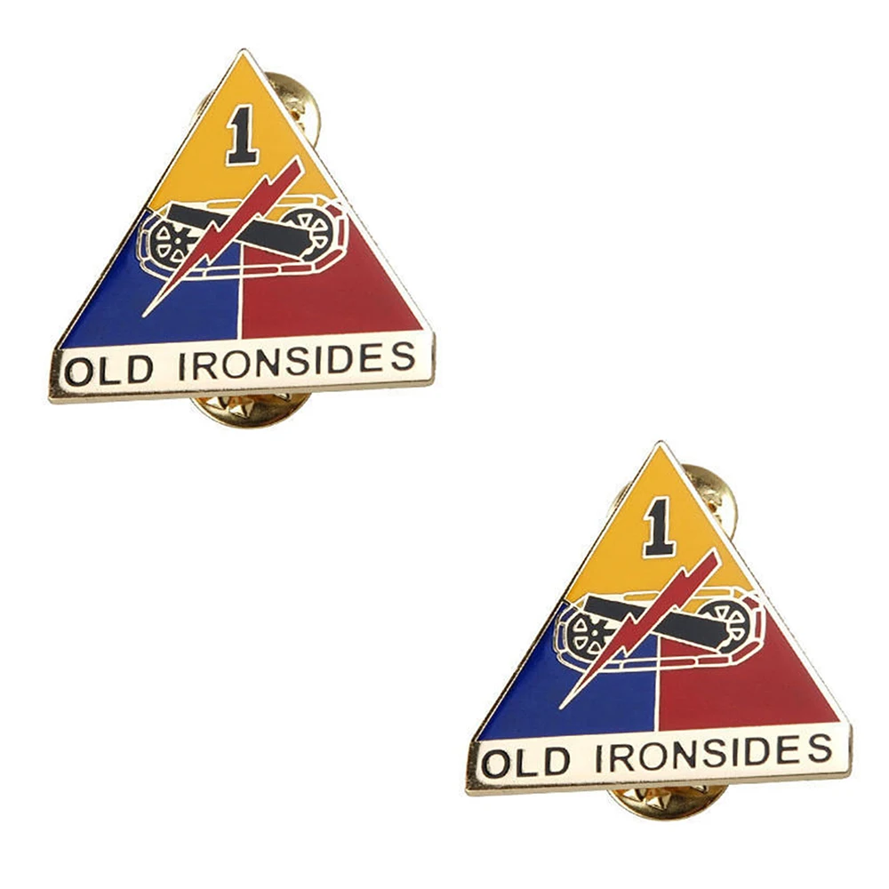 

PAIR US ARMY 1ST ARMORED DIVISION OLD IRONSIDES METAL BADGE PIN COCKADE