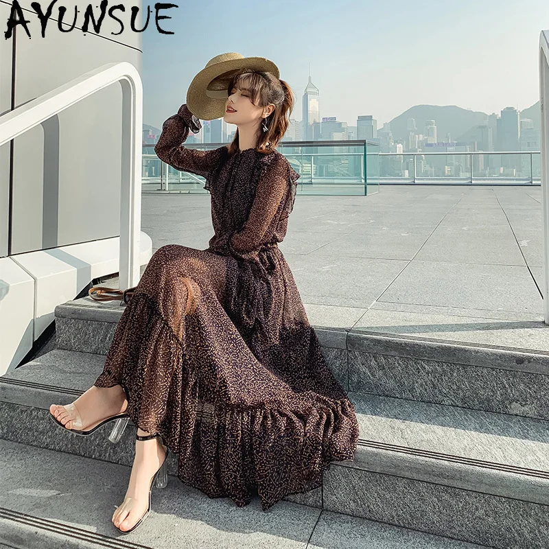 

AYUNSUE Fashion High Waist Dress Female Bohemian Style Dresses for Women Summer 2021 Chiffon Long Slim Dress Roupas Feminina