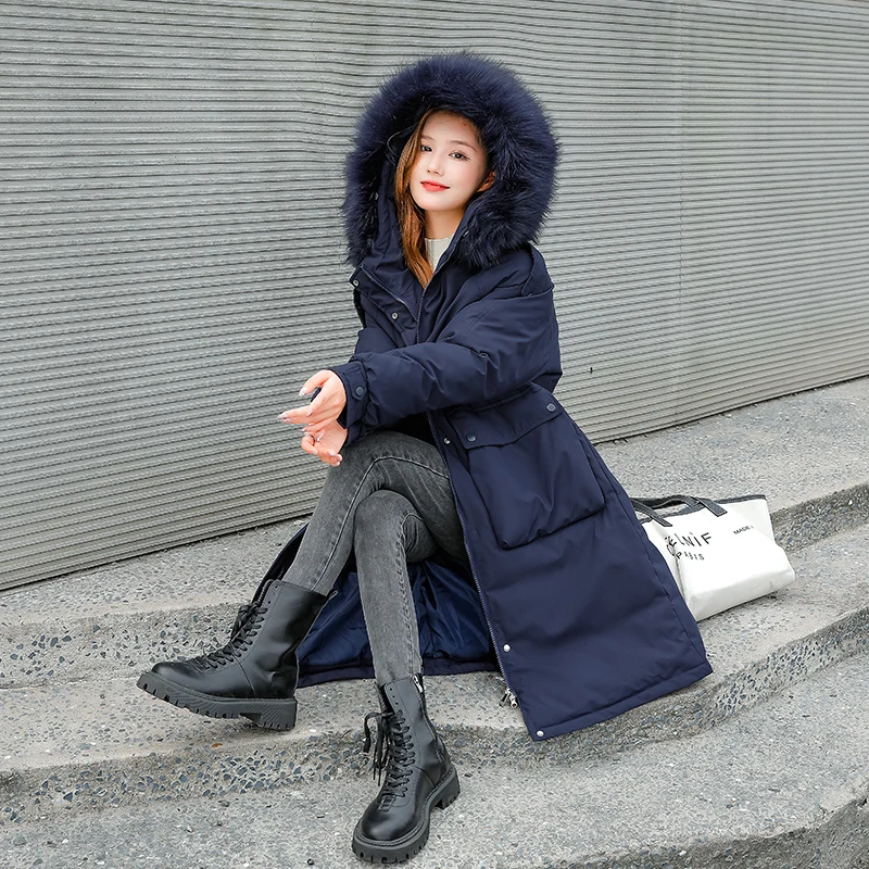 New big fur collar winter jacket thick warm down cotton mid-length outer parka coat women waist large size jacket jacket women