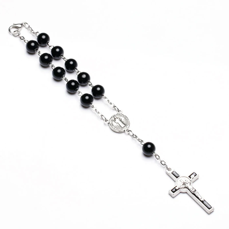 QIGO Black Glass Pearl Rosary Cross Beaded Bracelet Gifts Religious Jewelry