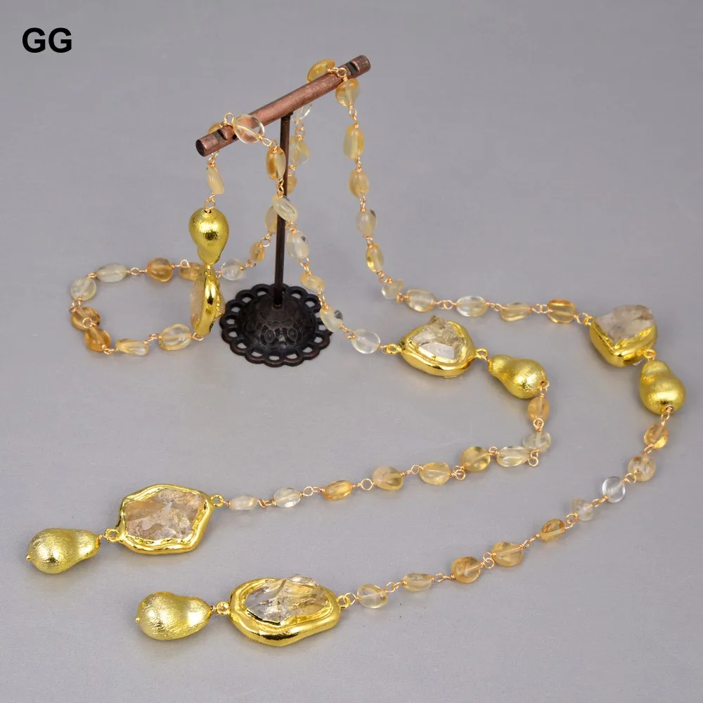 

GG Natural Yellow Citrines Gold Color Plated Brushed Bead Long Necklace 40" Sweater Chain Necklace For Women