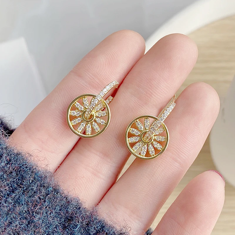 Ins Hot Sale Design Micro Inlaid CZ Flower Earrings for Women 14K Real Gold Elegant Cute Earring Daily Wedding Accessories Gift