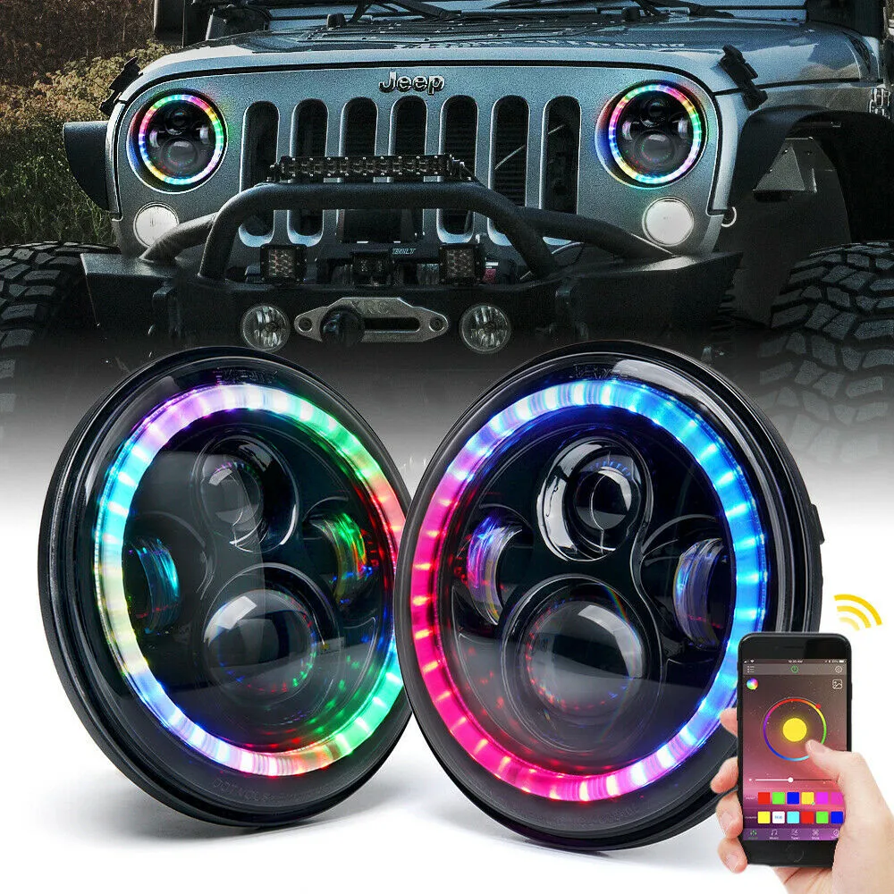 Car Accessories 2pcs 80W 7Inch Led Headlights For Jeep Wrangler Bluetooth App RGB Halo Light Fit Lada Niva 4X4 Offroad