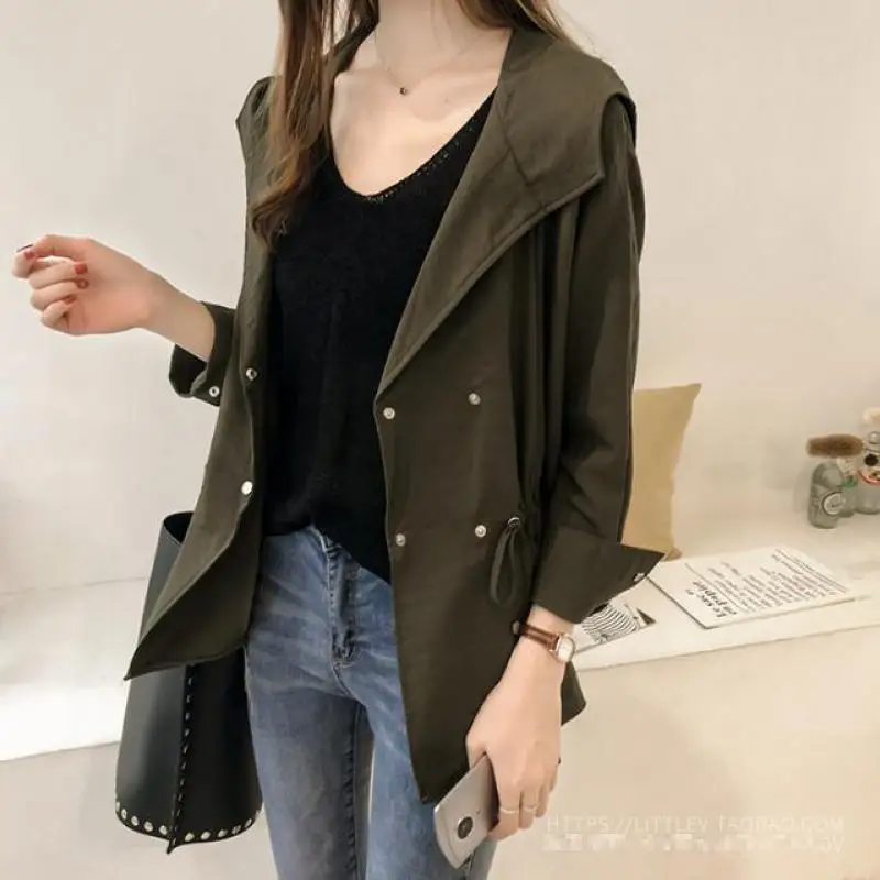

2019 spring autumn new fashion female windbreaker double breasted retro washed long-sleeved belt ArmyGreen coat women