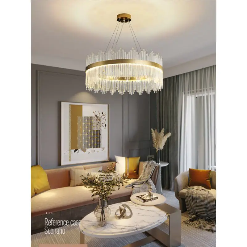 Modern Crystal Chandelier, Round Crystal Gold LED Hanging Ceiling Light, 3-Way Dimmable Pendant Lights Fixture for Dining Room,