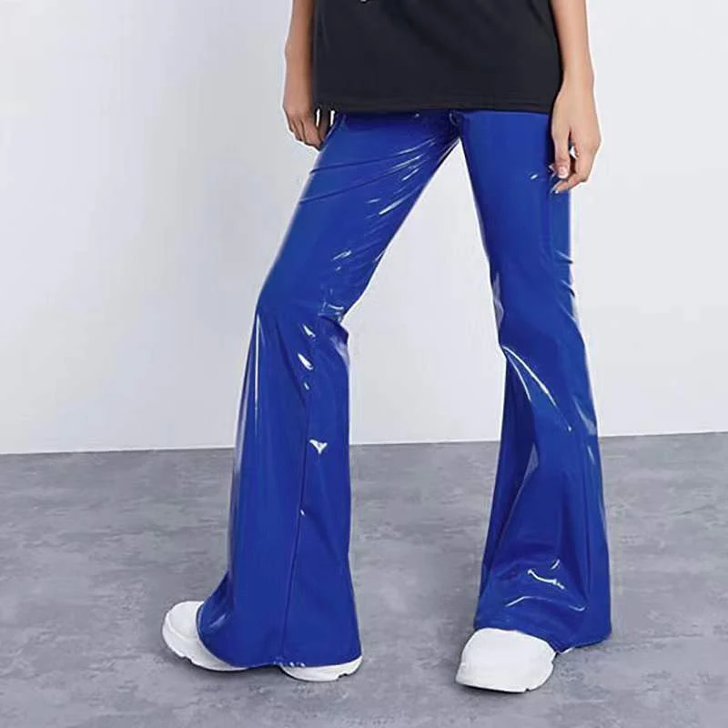 High Waist Faux Latex Leather Flare Pants Women Slim Patent Leather Bell-bottom Pants Ladies Vintage PU Trousers Clubwear Custom