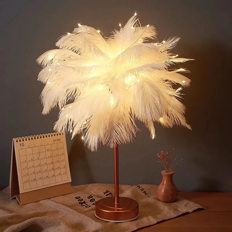 Bedroom Fairy light Feather Table Lamp DIY Creative Warm Light Tree Feather Lampshade Wedding Decor Home Bedroom Decor Christmas