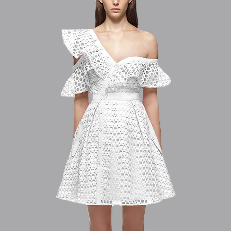 

New arrive brand summer dress 2020 Runway Asymmetrical women sexy One Shoulder Ruffles white lace hollow out Party Dress