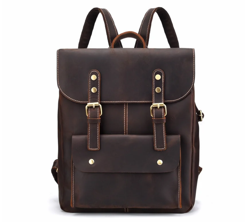 Genuine cowhide skin  crazy horse leather fashion men backpack bag vintage style big size daily backpack bag brown color