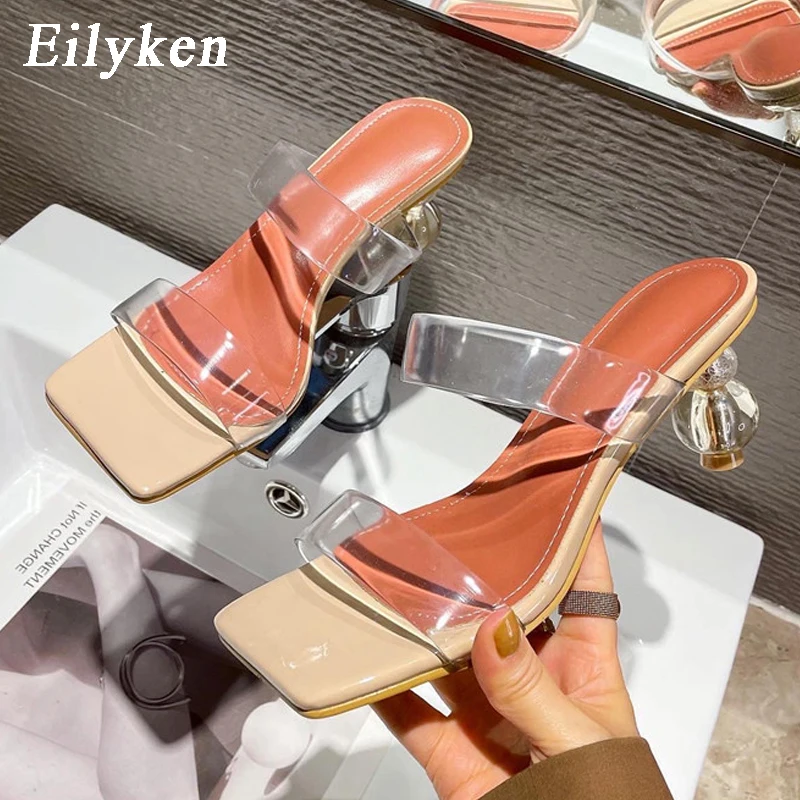 Eilyken 2024 New Summer Square Toe Ladies Slippers PVC Transparent Crystal Strange Style Clear Heel Women Leopard Grain Slides