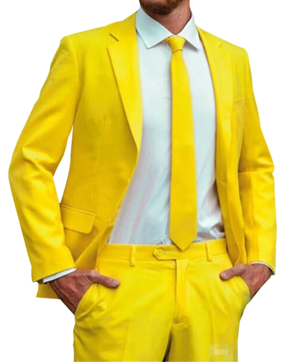 

2 Pcs Custom Made Fashion Groom Yellow One Button Notch Lapel Slim Fit Mens Suits Coat Pant Design Latest Tailor-Made Male Set