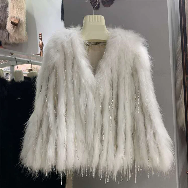 Length 55cm Real fur coat women knitted real fox fur overcoat  new fashion stlye female coat Raccoon fur woven with fringe coat